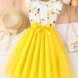 Girls Casual Dress Floral Tulle Stitching Princess Dress For Party Beach Vacation Kids Summer Clothes