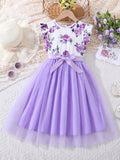 Girls Casual Dress Floral Tulle Stitching Princess Dress For Party Beach Vacation Kids Summer Clothes