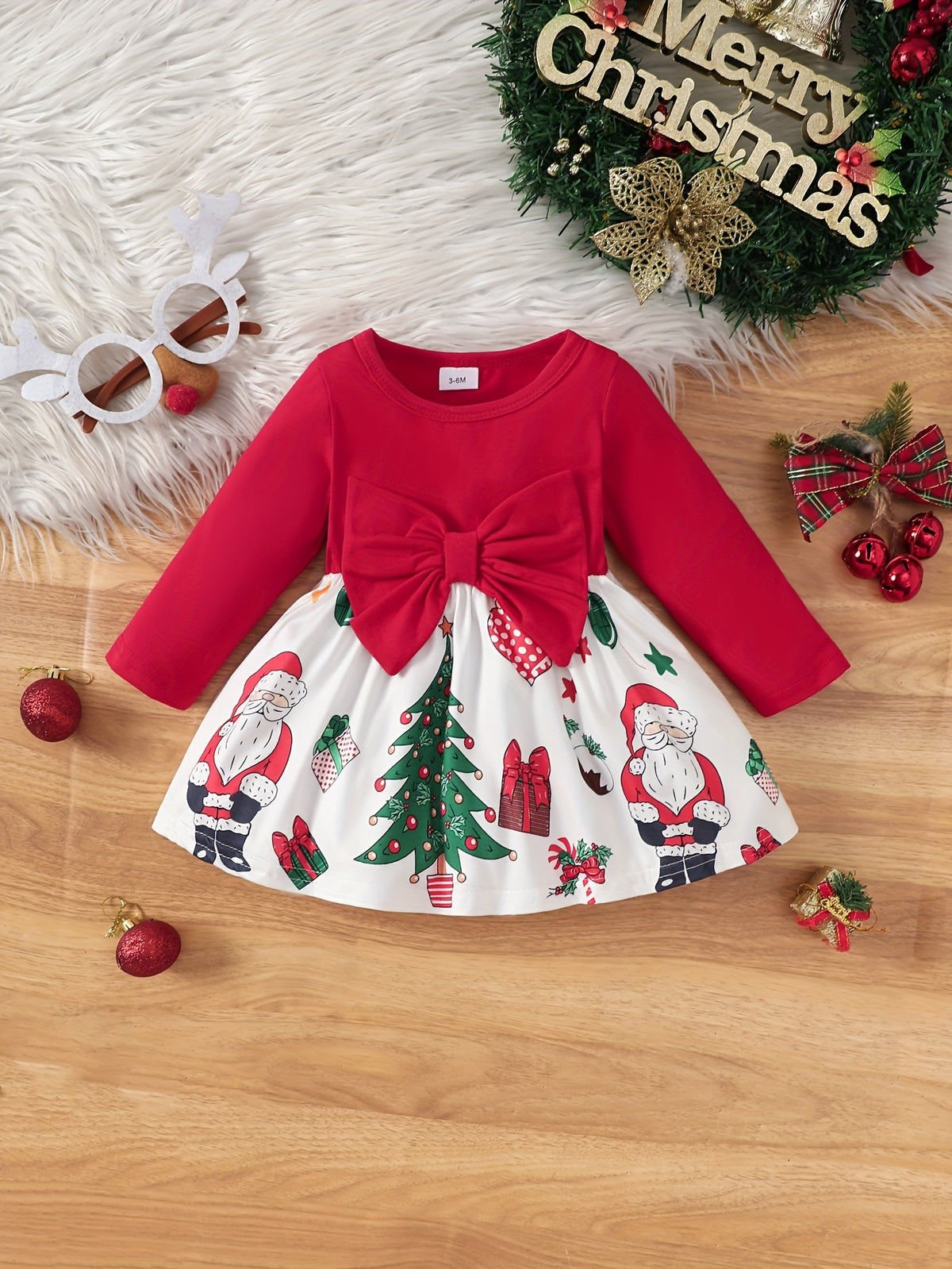 Baby's Cartoon Christmas Element Pattern Bowknot Decor Long Sleeve Cotton Dress, Infant & Toddler Girl's Dress For Daily Wear/Holiday/Party, As Gift