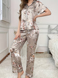 Womens Floral Print Satin Relaxed Fit Pajama Set - Soft, Breathable, and Comfortable Short Sleeve Top and Long Pants with Lapel Collar, Placket, and Random Printing - Perfect for Summer, Teen Girls and Casual Loungewear