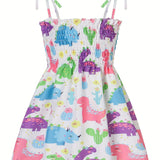 Girls Lace-up Athleisure Sundress - Vibrant Butterfly, Daisy & Dinosaur Prints - Sleeveless Smocked A-line Dress for Playful Adventures