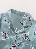 Short Sleeve Cartoon Mouse Print Satin Pajama Set for Women - Comfortable Relaxed Fit, Lapel Collar, Button Front, Semi-Sheer, Woven Fabric, All-Season Nightwear for Casual Sleep - Soft, Breathable, and Cozy