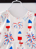 Girls Vibrant Stretchy Short Sleeve Dress - American Style Ice Cream & Fireworks Print, Comfortable, Breathable, Summer Party Perfect, Independence Day Gift Idea