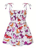 Girls Lace-up Athleisure Sundress - Vibrant Butterfly, Daisy & Dinosaur Prints - Sleeveless Smocked A-line Dress for Playful Adventures