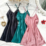 3 Pcs Sexy Satin Solid Color Slip Nightgown - Crew Neck, Cross Strappy Backless, Micro Elasticity, Polyester Material - Machine Washable, All-Season, Comfortable Sleepwear for Women