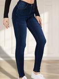 Women's Dark Blue Washed Plain Stretchy Skinny Jeans, Elegant Style, Denim Pants For Casual Wear