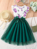 Girls Casual Dress Floral Tulle Stitching Princess Dress For Party Beach Vacation Kids Summer Clothes