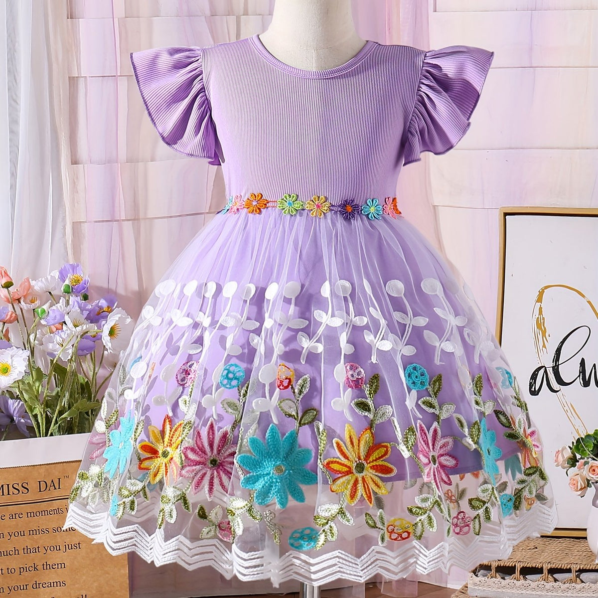 Girls Vibrant Princess Dress - Colorful Embroidered, Ruffle Sleeve, Mesh Splicing, Sweet Design - Perfect for Holiday Party, Summer Occasions, and Special Events