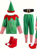 5-Piece Kids' Festive Christmas Elf Costume Set - Santa's Little Helper Outfit for Girls and Boys - Includes Hat, Top, Pants, Belt, and Shoe Covers for Dress-Up and Carnival Fun