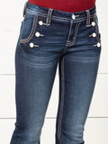 Plus Size Retro Glam Jeans - Flattering Fit with Button Detail, Distressed Whiskering, Trendy Slash Pockets - High-Quality Bootcut Denim Pants