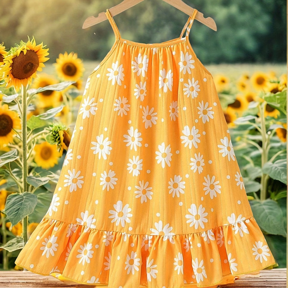 Girls Dreamy Daisy Print Slip Dress - Flowy Sleeveless with Ruffle Trim - Perfect Summer Casual Dress for Sun-soaked Days - A Delightful Gift Idea