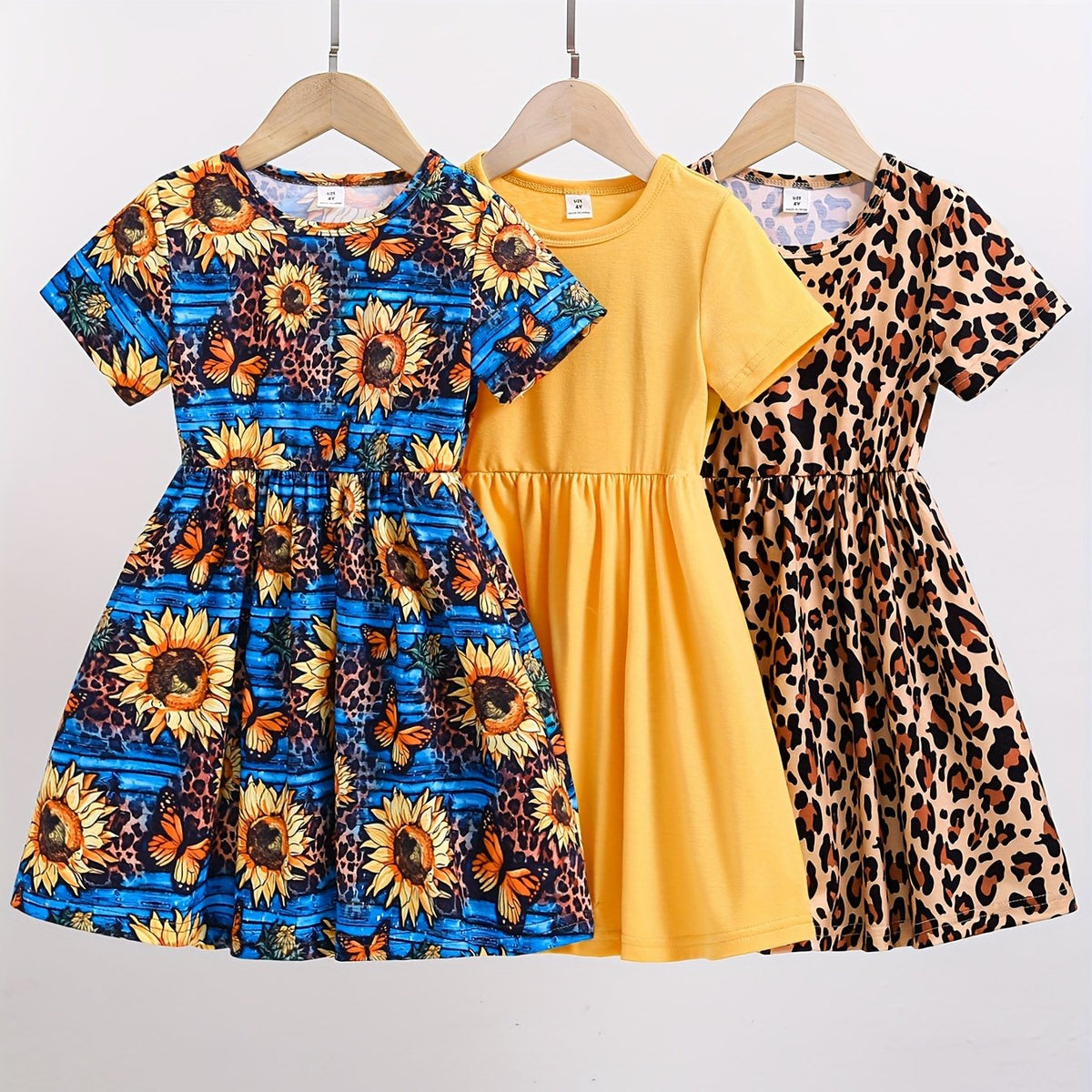 3-piece girl's summer slim waist dress, summer girl knitted clean color leopard print sunflower shortsleeved round neck fashionable dress, children's summer casual cute style summer dresschildren's summer clothing