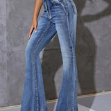 Ultra-Stretch Bell Bottom Jeans - Distressed Wash, Trendy Slant Pockets & Whiskering - Premium Denim Womens Clothing