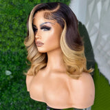 Ombre Blonde Short Wavy Human Hair Wig For Women Brazilian Lace Front bob Wig Glueless Highlight Synthetic Lace Frontal Wig Preplucked