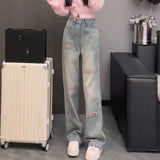 Letter jeans design new summer fashion high waist thin three-dimensional straight embroidery embroidered pants