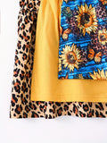 3-piece girl's summer slim waist dress, summer girl knitted clean color leopard print sunflower shortsleeved round neck fashionable dress, children's summer casual cute style summer dresschildren's summer clothing