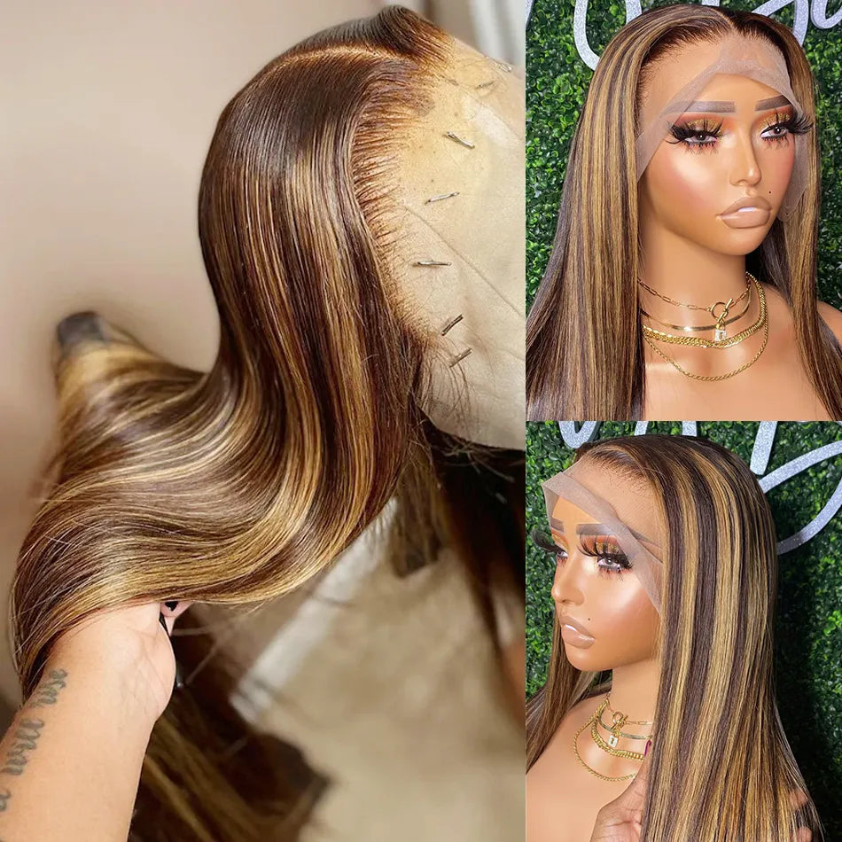 Brazilian Highlight Brown Straight Lace Front Wig Human Hair For Women Lace Closure Wig Pre Plucked Honey Blonde Colored Cheap Wigs