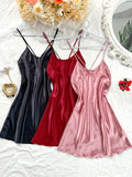 3 Pcs Sexy Satin Solid Color Slip Nightgown - Crew Neck, Cross Strappy Backless, Micro Elasticity, Polyester Material - Machine Washable, All-Season, Comfortable Sleepwear for Women