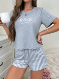 Womens Casual Stripe Print Pajama Set - Soft Mid-Elasticity Polyester Short Sleeve Crew Neck Top & Drawstring Shorts for Spring/Summer - Cute Sleepwear for Adults