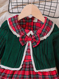 Girls 2pcs Christmas Sets Ribbed Knit Cardigan With Bow & Plaid Sleeveless Collar Dress Set For Christmas, outdoor Party, Fall