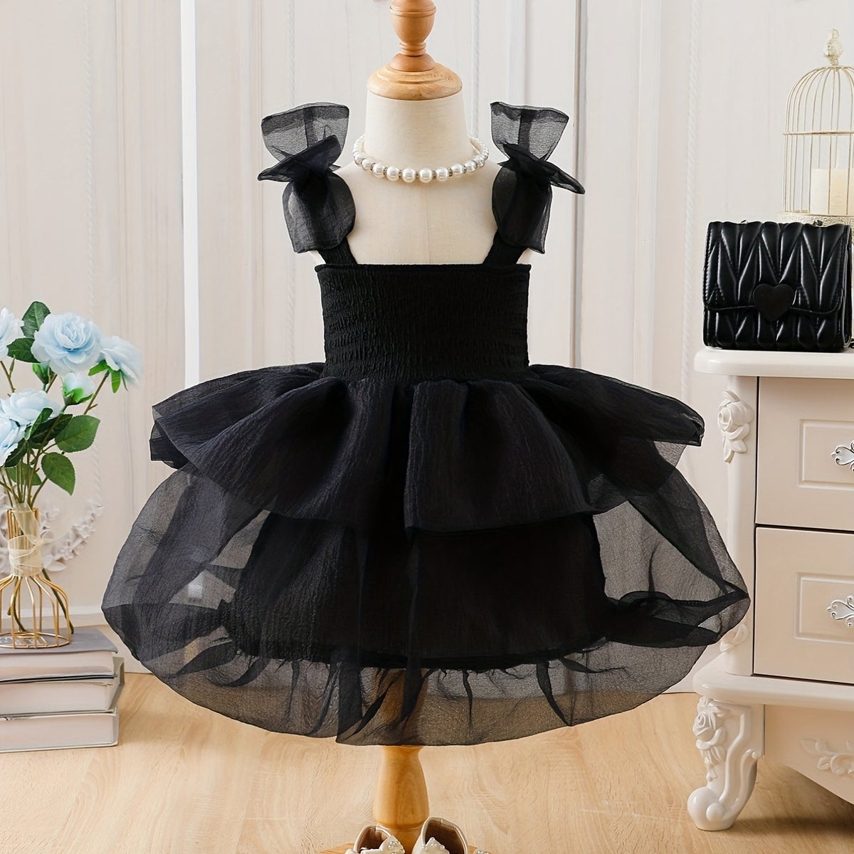 Midi Length Girls Princess Birthday Dress - Mesh Tulle Stitching, Sleeveless, Layered Tutu, Solid Color, Casual Style, Cotton Fabric, Knit Construction - Perfect for Summer Party Outfit