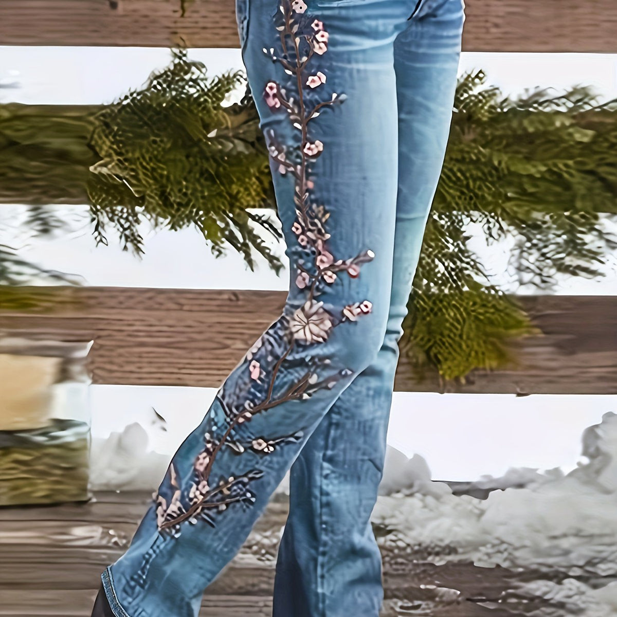 Long Length Womens Embroidered Floral Bell Bottom Jeans - Stretchy Cotton Blend Fabric, Casual Flare Leg Cut, Basic Style, Positioning Printing, All-Season Fashion Bottoms