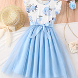 Girls Casual Dress Floral Tulle Stitching Princess Dress For Party Beach Vacation Kids Summer Clothes