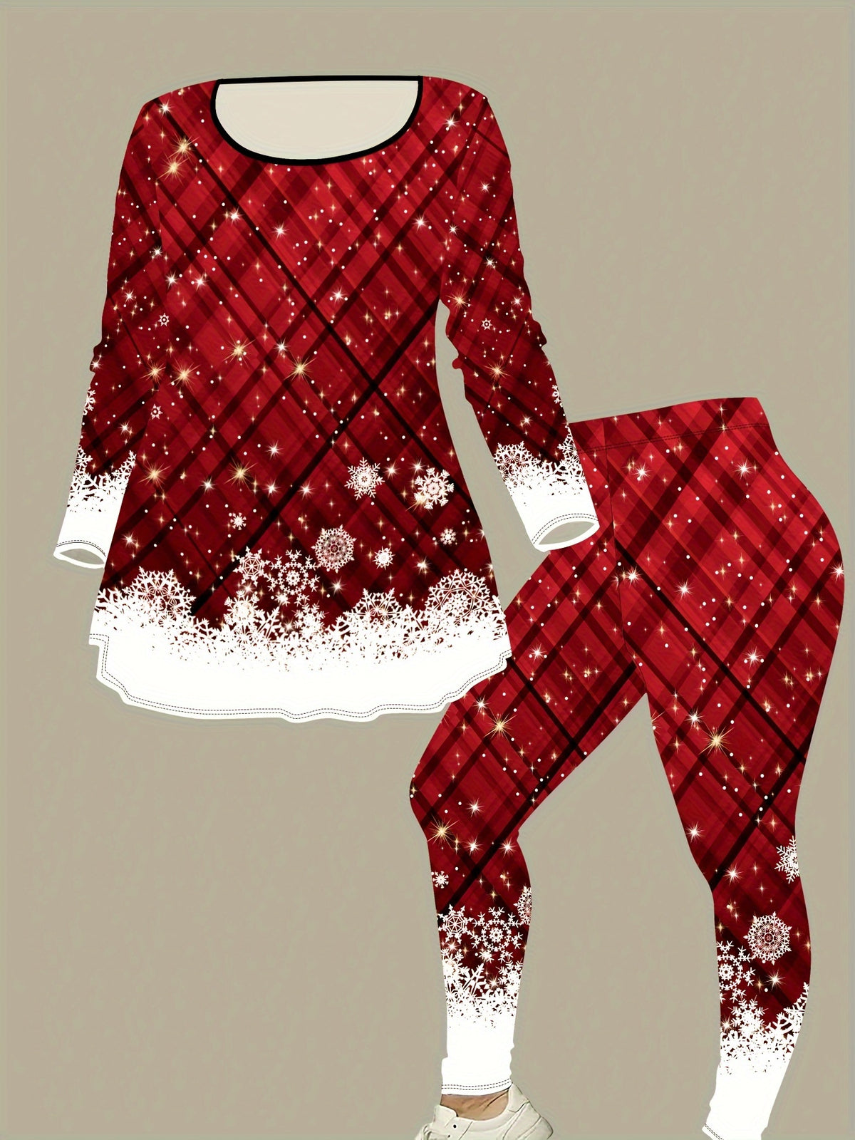 Elegant Plus Size Women's Christmas Snowflake Print Outfit - Long Sleeve Round Neck Top & Pants Set, Stretchy Polyester Blend, Machine Washable