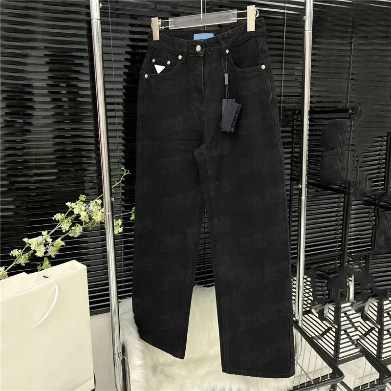 Metal Badge Women Jeans Pants Fashion Designer Lady Straight Pants Hiphop Trousers Streetwear