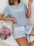 Womens Casual Stripe Print Pajama Set - Soft Mid-Elasticity Polyester Short Sleeve Crew Neck Top & Drawstring Shorts for Spring/Summer - Cute Sleepwear for Adults