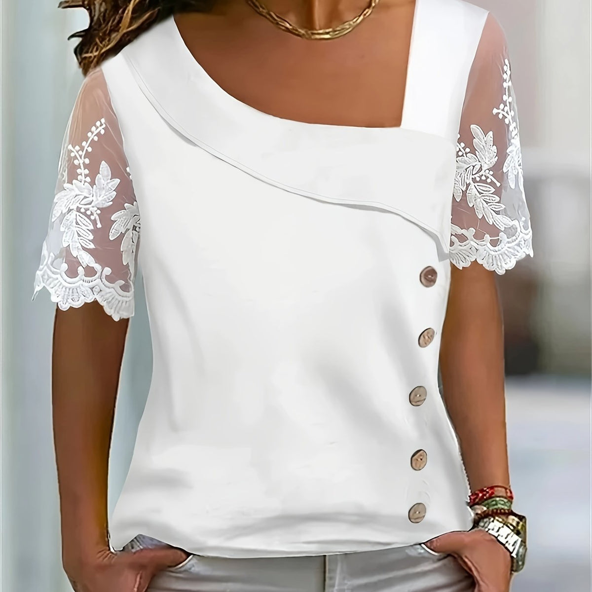 Plus Size Elegant Lace Stitching Asymmetrical Neck Blouse - Stretchy Solid Color Polyester Top with Contrast Lace Details - Perfect for Spring and All Seasons