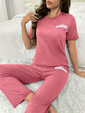 Relaxed Fit Womens Letter Print Pajama Set - Short Sleeve Crew Neck Top & Elastic Pants - Soft, Breathable Loungewear for Nighttime Chic