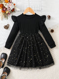 For Toddler Girls, Vintage Sequin Flutter Trim Long Sleeve Tutu Dress for Spring, Fall, Christmas Party Gift