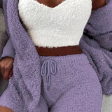 Luxurious Womens Fuzzy Pajama Set - Cozy Hooded Robe, Soft Tank Top & Drawstring Shorts - Ultimate Sleep & Lounging Comfort