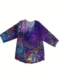 Plus Size Blouse - Relaxed Fit, Vibrant Tie Dye & Floral Print, Long Sleeve, Round Neck, Split Top - Designed for Curvy Women, Plus Size Fit