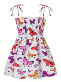 Girls Lace-up Athleisure Sundress - Vibrant Butterfly, Daisy & Dinosaur Prints - Sleeveless Smocked A-line Dress for Playful Adventures