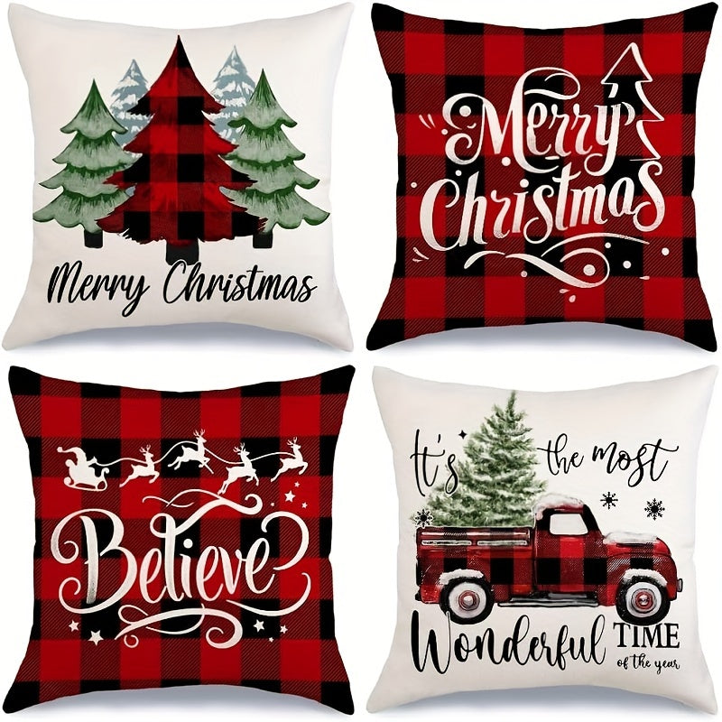 4-Pack Rustic Charm Christmas Throw Pillow Covers - Machine Washable, Reversible, and Zippered - 18x18 Inches Farmhouse Decor Polyester Pillowcases with Seasonal Trees, Truck, and Buffalo Plaid Design for Cozy Home Decor