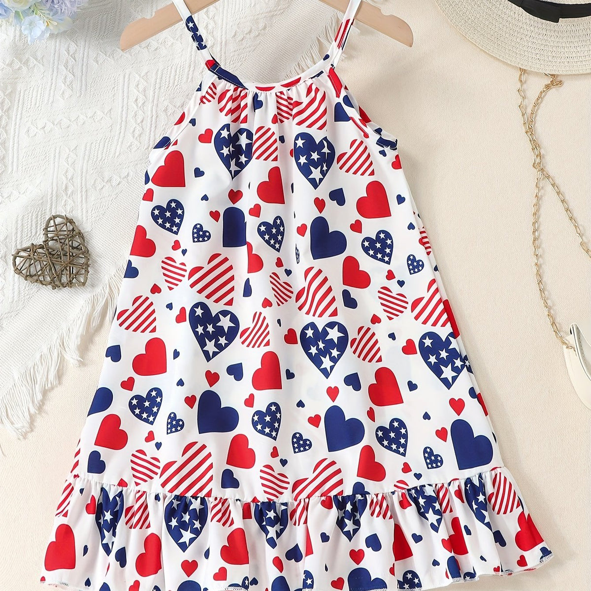 Girls Patriotic Flag Inspired Ruffle Hem Slip Dress - Flirty & Lightweight for Holiday Beach Vacations & Going Out