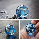 Round Resin Globe Pendant Necklace - Unique Boho Chic Jewelry with Clear Sky & Clouds Design - Perfect Creative Holiday Gift for Girls and Teens