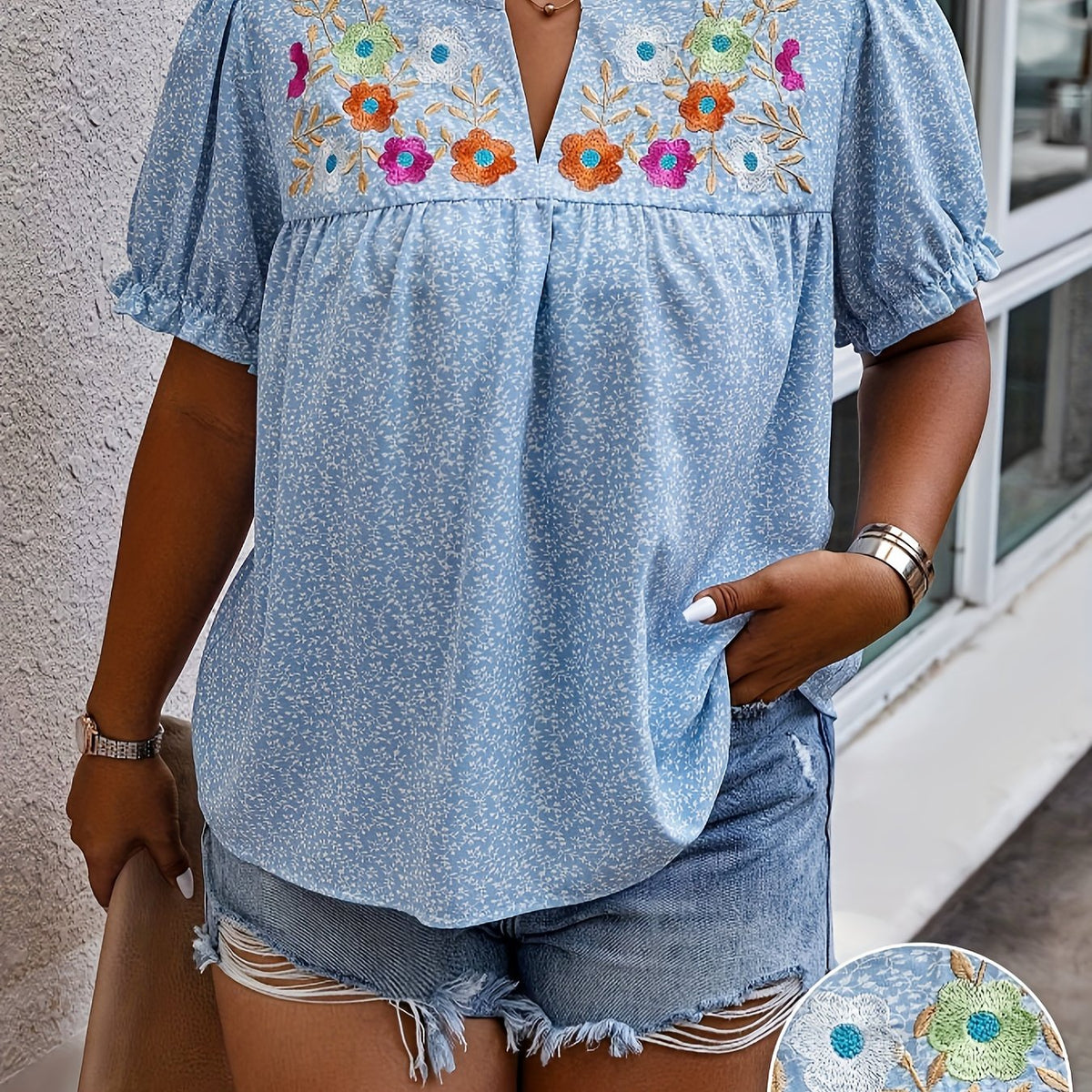 Plus Size Elegant Floral Embroidered Blouse - Notched Neck, Short Sleeve, Non-Stretch Polyester, Machine Washable, Random Print, Perfect for Spring & Summer - Womens Casual Wear