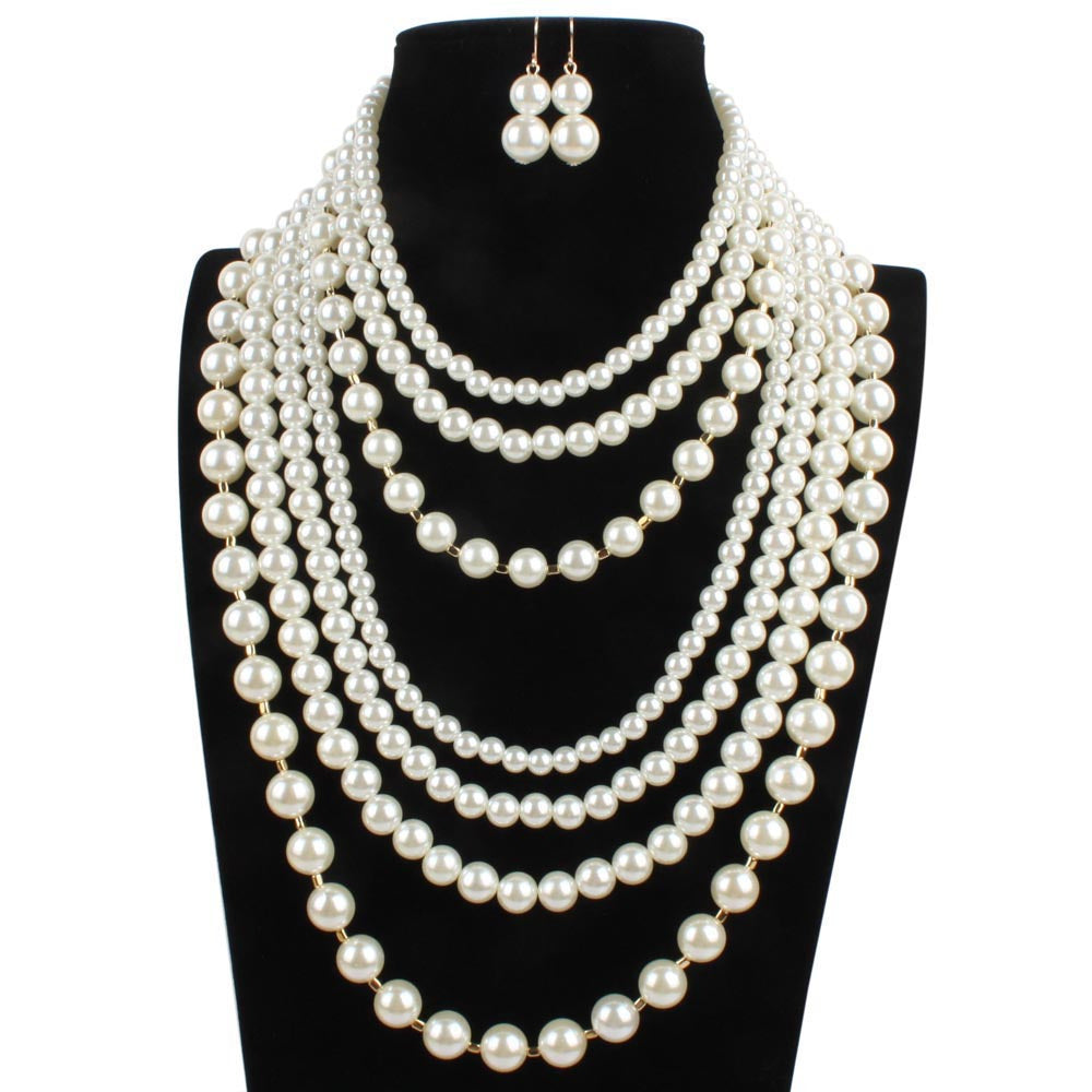 Women's Faux Pearl Beaded Necklace Multilayer Sweater Chain Jewelry