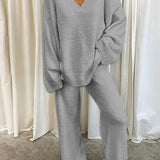 Cozy Solid Color Long Sleeve V-Neck Fuzzy Pajama Set - Soft Polyester Knit Fabric, Elastic Waistband, Micro Elasticity, Elegant Style - Perfect for Womens Sleepwear and Loungewear in Fall and Winter Seasons