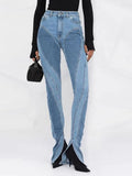 Fashion Women' Jeans Slim Deconstruct Panelled Patchwork High Waist Split Blue Long Denim Pants Autumn