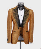 Gold Beading Groom Wear Men Wedding Tuxeods Peaked Lapel Jacket With Pants 3 Piece Business Suits Party Prom Outfits