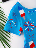 Girls Vibrant Stretchy Short Sleeve Dress - American Style Ice Cream & Fireworks Print, Comfortable, Breathable, Summer Party Perfect, Independence Day Gift Idea