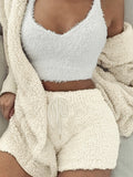 Luxurious Womens Fuzzy Pajama Set - Cozy Hooded Robe, Soft Tank Top & Drawstring Shorts - Ultimate Sleep & Lounging Comfort