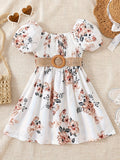 Toddler Girls Floral Graphic Puff Sleeve Shirred Belted Princess Dress For Party Beach Vacation Kids Summer Clothes