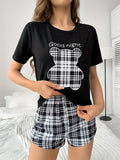 Cozy Plaid Bear Print Pajama Set - Soft Mid-Elasticity Polyester Casual Crew Neck Short Sleeve Top & Shorts for Women - All-Season Patterned Sleepwear with Random Printing