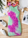 1pc Stylish Tie Dye Pattern Sleeveless Hooded Maxi Dress - Comfortable, Relaxed Fit, V-Neck, Flowy Design - Perfect for Girls, Summer Gift, Party, Outdoor, Casual Occasions