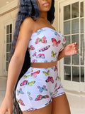 Women's Butterfly-Themed Two-Piece Fashion Set – Flirty Crop Tube Top & Comfy Elastic Shorts – Vibrant Casualwear for Summer Outings and Beach Days